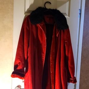 Large Women's Anne Klein 3/4 Red Shearling Coat With Black Faux Fur On Collar